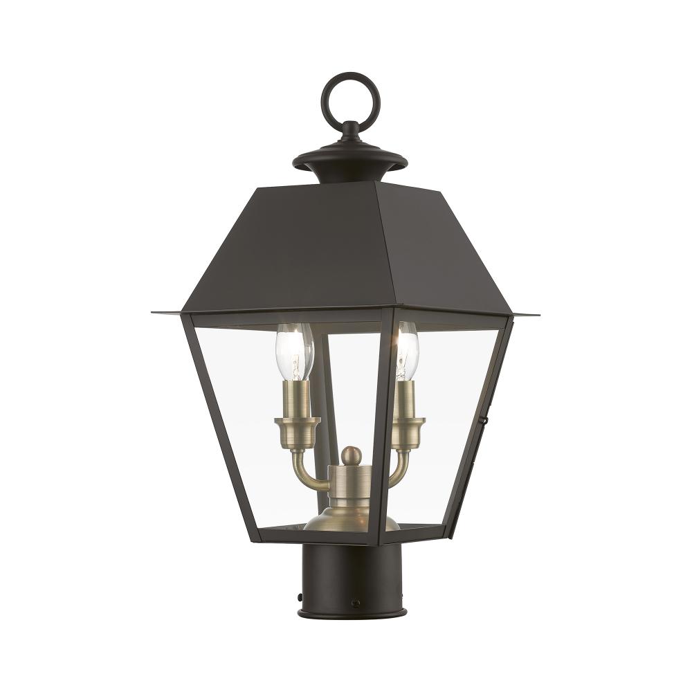 2 Light Bronze with Antique Brass Finish Cluster Outdoor Medium Post Top Lantern