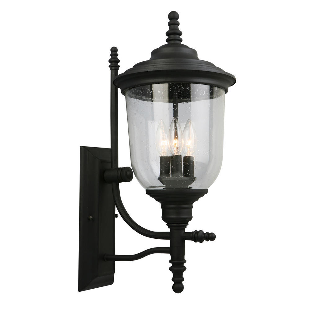 3x60W Outdoor Wall Light w/ Matte Black Finish and Clear Seeded Glass