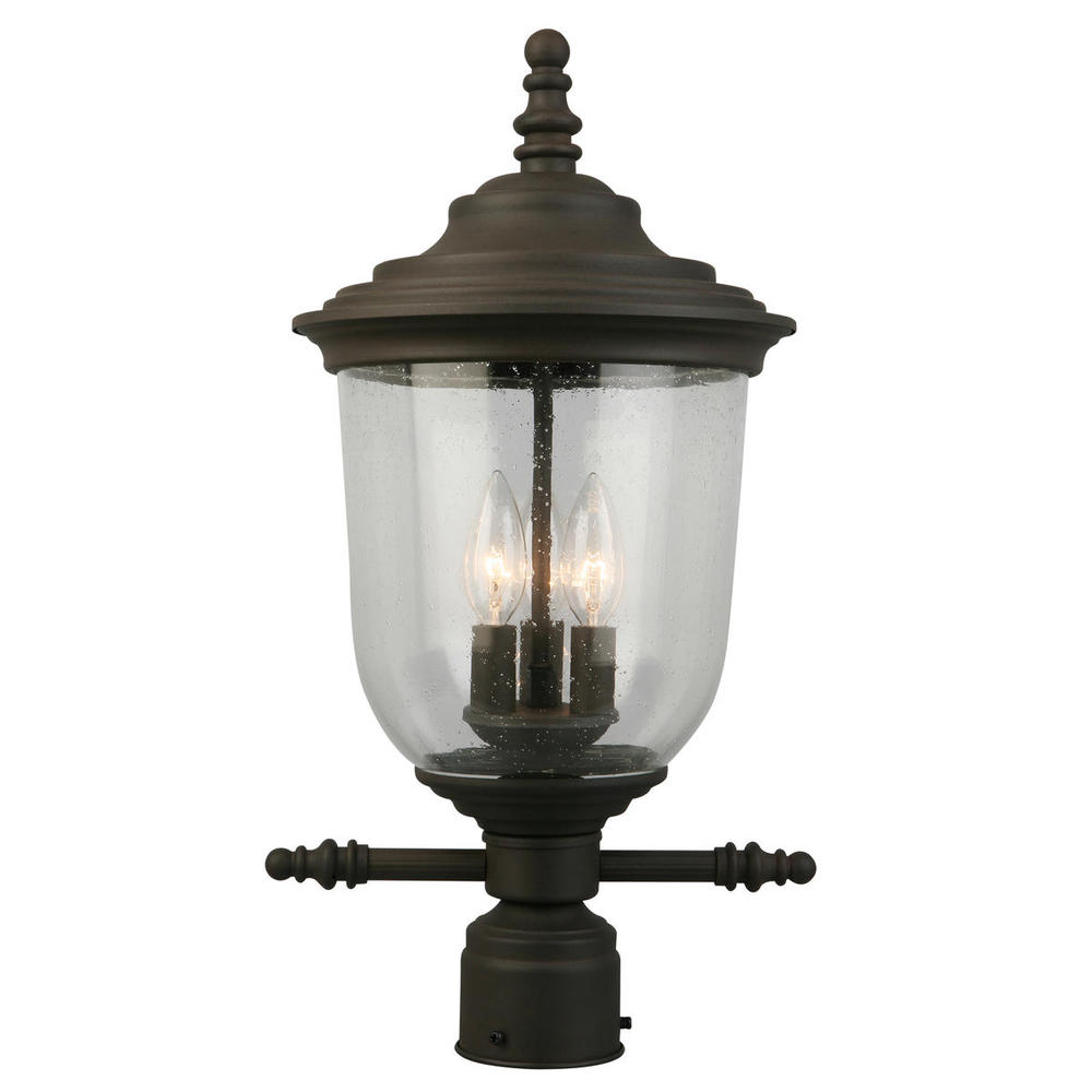 3x60W Outdoor Post Light w/ Matte Bronze Finish & Clear Seeded Glass
